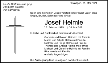 Traueranzeige von Josef Helmle von Schwäbische Post