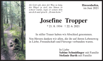 Traueranzeige von Josefine Tropper von Gmünder Tagespost