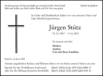 Traueranzeige von Jürgen Stütz von Gmünder Tagespost