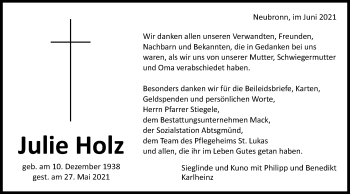 Traueranzeige von Julie Holz von Schwäbische Post