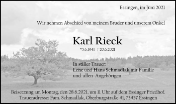 Traueranzeige von Karl Rieck von Schwäbische Post
