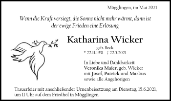 Traueranzeige von Katharina Wicker von Gmünder Tagespost
