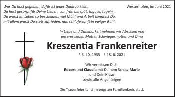 Traueranzeige von Kreszentia Frankenreiter von Schwäbische Post