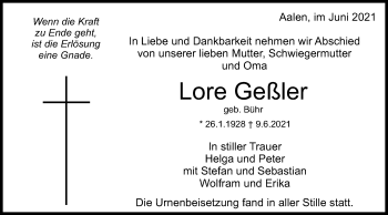 Traueranzeige von Lore Geßler von Schwäbische Post