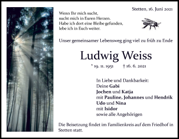 Traueranzeige von Ludwig Weiss von Schwäbische Post