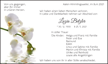 Traueranzeige von Luzia Betzler von Schwäbische Post
