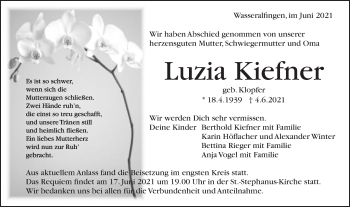 Traueranzeige von Luzia Kiefner von Schwäbische Post