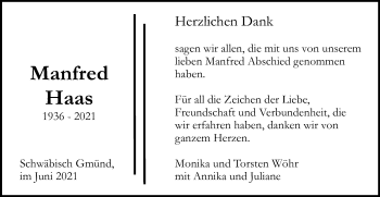 Traueranzeige von Manfred Haas von Gmünder Tagespost