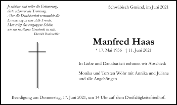 Traueranzeige von Manfred Haas von Gmünder Tagespost