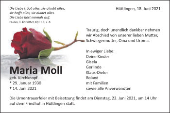 Traueranzeige von Maria Moll von Schwäbische Post