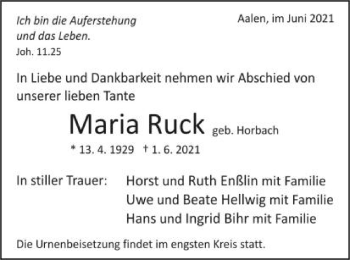 Traueranzeige von Maria Ruck von Schwäbische Post