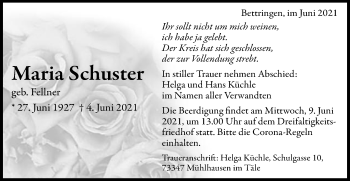 Traueranzeige von Maria Schuster von Gmünder Tagespost