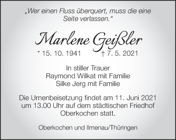 Traueranzeige von Marlene Geißler von Amtsblatt_Oko