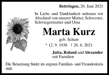 Traueranzeige von Marta Kurz von Gmünder Tagespost