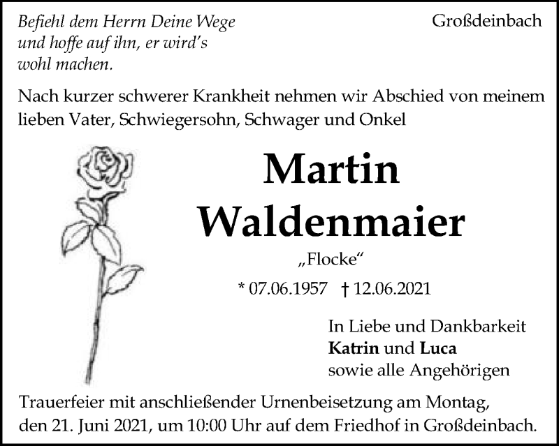  Traueranzeige für Martin Waldenmaier vom 17.06.2021 aus Gmünder Tagespost
