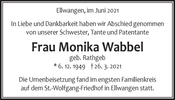 Traueranzeige von Monika Wabbel von Schwäbische Post