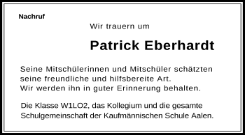 Traueranzeige von Patrick Eberhardt von Schwäbische Post