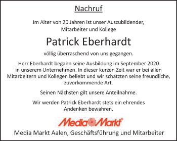 Traueranzeige von Patrick Eberhardt von Schwäbische Post