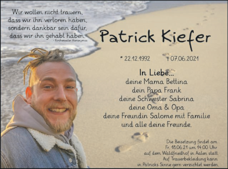  Traueranzeige für Patrick Kiefer vom 15.06.2021 aus Schwäbische Post