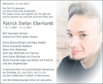 Traueranzeige von Patrick Stefan Eberhardt von Schwäbische Post