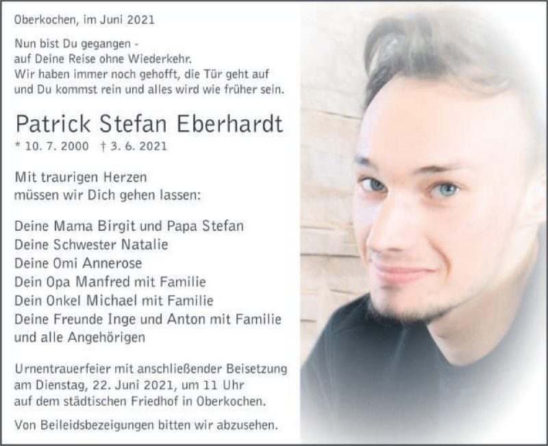  Traueranzeige für Patrick Stefan Eberhardt vom 17.06.2021 aus Schwäbische Post