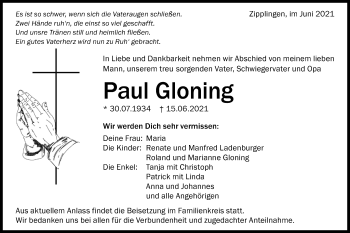 Traueranzeige von Paul Gloning von Schwäbische Post