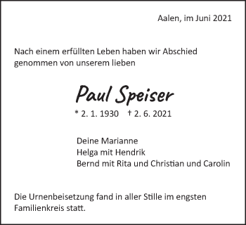 Traueranzeige von Paul Speiser von Schwäbische Post