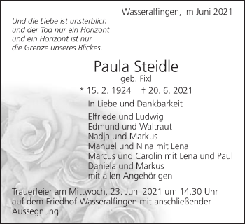 Traueranzeige von Paula Steidle von Schwäbische Post