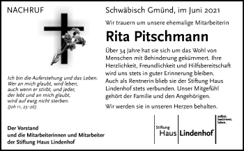 Traueranzeige von Rita  Pitschmann von Gmünder Tagespost