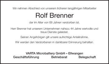 Traueranzeige von Rolf Brenner von Schwäbische Post