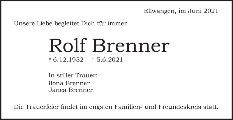  Traueranzeige für Rolf Brenner vom 16.06.2021 aus Schwäbische Post