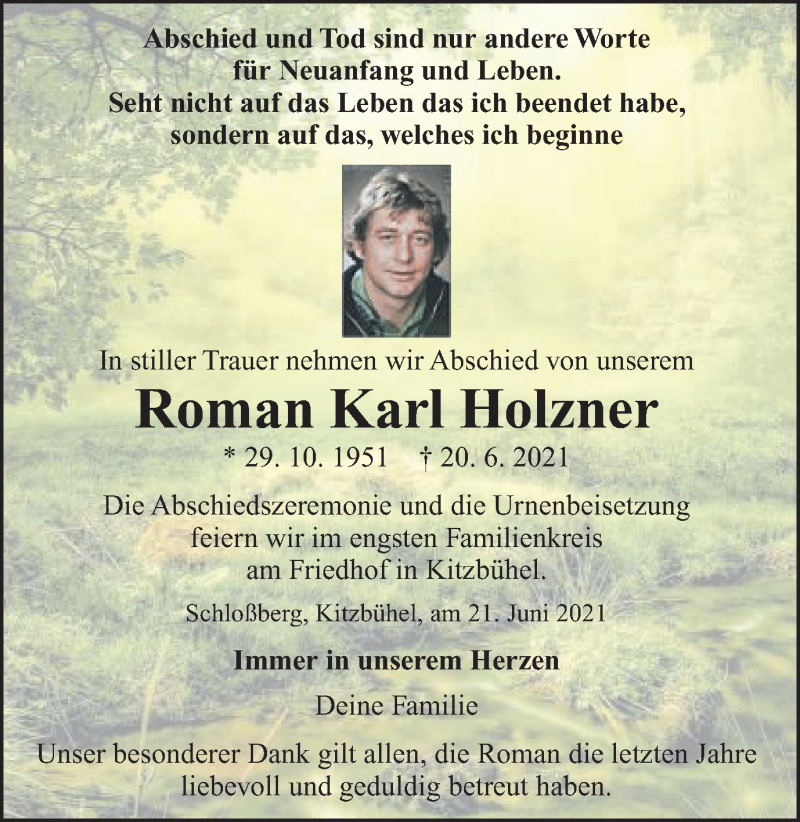  Traueranzeige für Roman Karl Holzner vom 30.06.2021 aus Schwäbische Post