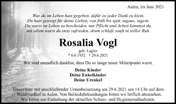 Traueranzeige von Rosalia Vogl von Schwäbische Post