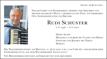 Traueranzeige von Rudi Schuster von Schwäbische Post