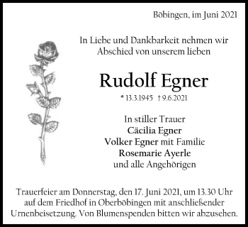 Traueranzeige von Rudolf Egner von Gmünder Tagespost