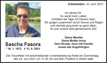 Traueranzeige von Sascha Fasora von Gmünder Tagespost