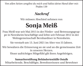 Traueranzeige von Sonja Meiß von Schwäbische Post