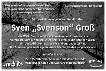Traueranzeige von Sven Groß von Schwäbische Post