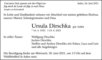 Traueranzeige von Ursula Dirschka von Schwäbische Post