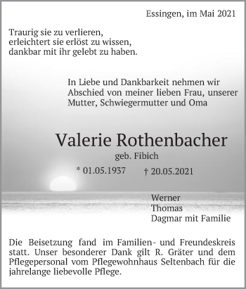 Traueranzeige von Valerie Rothenbacher von Schwäbische Post