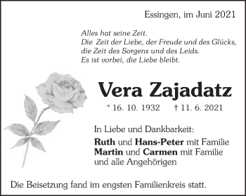 Traueranzeige von Vera Zajadatz von Schwäbische Post