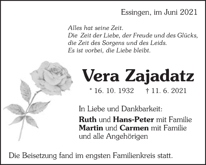  Traueranzeige für Vera Zajadatz vom 19.06.2021 aus Schwäbische Post