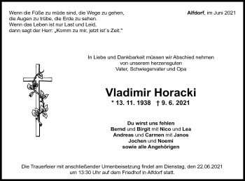 Traueranzeige von Vladimir Horacki von Gmünder Tagespost