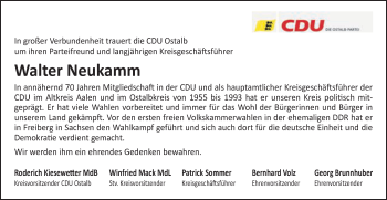 Traueranzeige von Walter Neukamm von Schwäbische Post