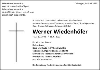 Traueranzeige von Werner Wiedenhöfer von Schwäbische Post