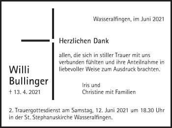 Traueranzeige von Willi Bullinger von Schwäbische Post