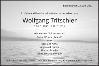 Traueranzeige von Wolfgang Tritschler von Schwäbische Post