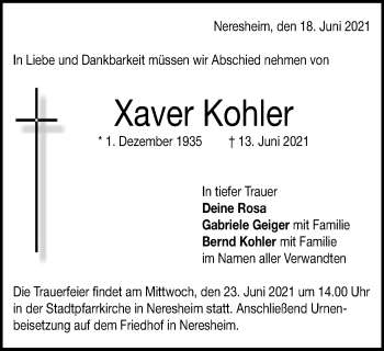 Traueranzeige von Xaver Kohler von Schwäbische Post