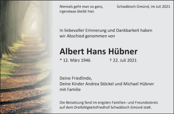 Traueranzeige von Albert Hans Hübner von Gmünder Tagespost