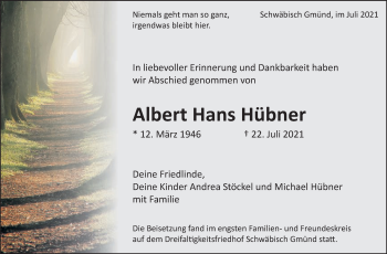 Traueranzeige von Albert Hans Hübner